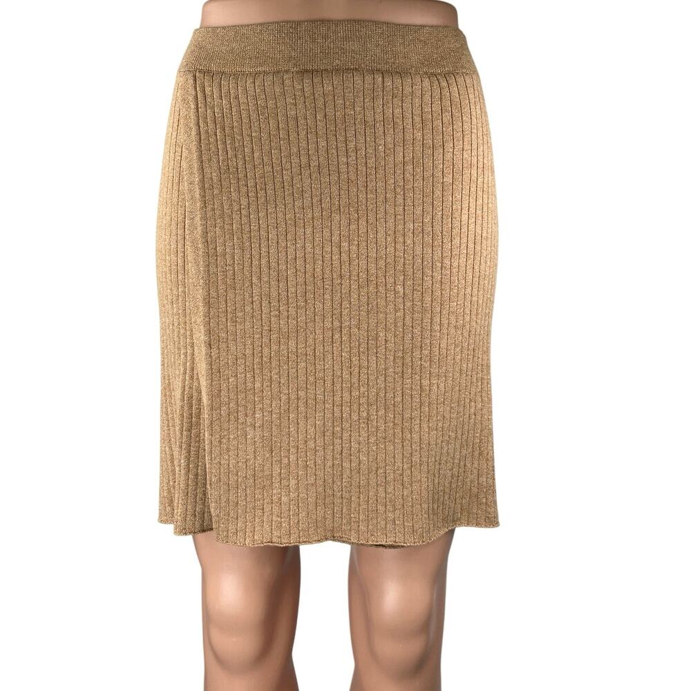Free People Tan Rib Knit Stretch Knee Length Pencil Wrap Sweater Skirt Size M